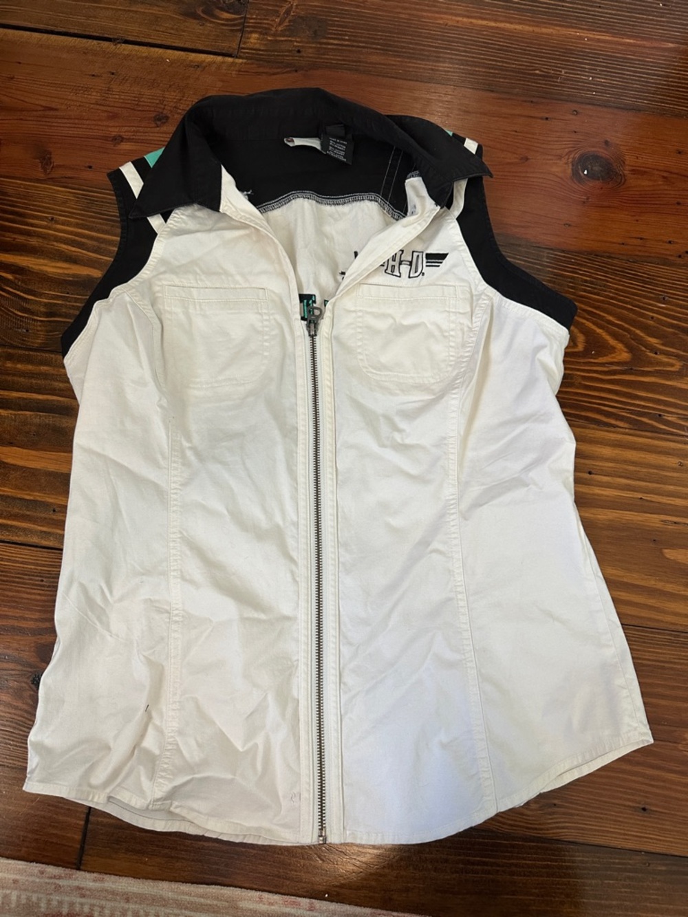 Harley-Davidson White and Black Sleeveless Zip Front Top